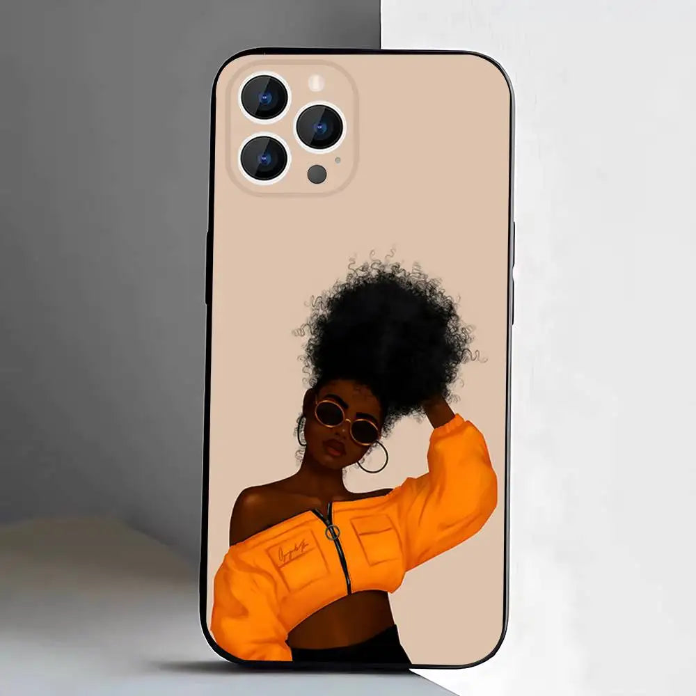 Black Girl A-Afro Phone Case For iPhone 17,16,15,14,13,12,11,Pro,XS,Max,XR,Plus,E,SE4,Mini Black Soft Cover