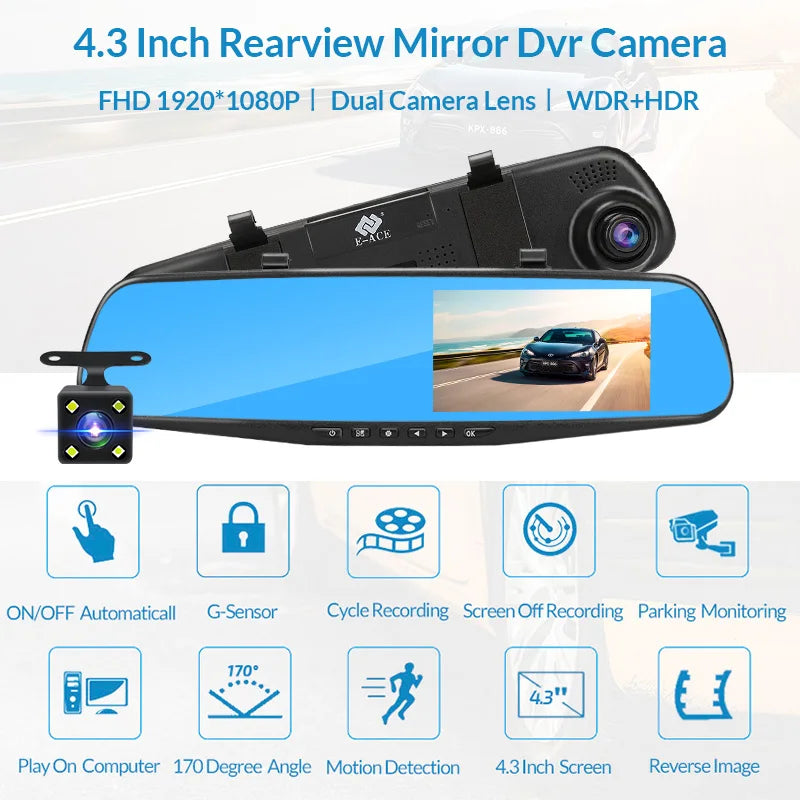 4.3 Inch 1080P Dual camera Dash Cam For Cars Optional 1080P Rear Car Camera Night Vision Loop Recording Wide Angle Car DVR Came