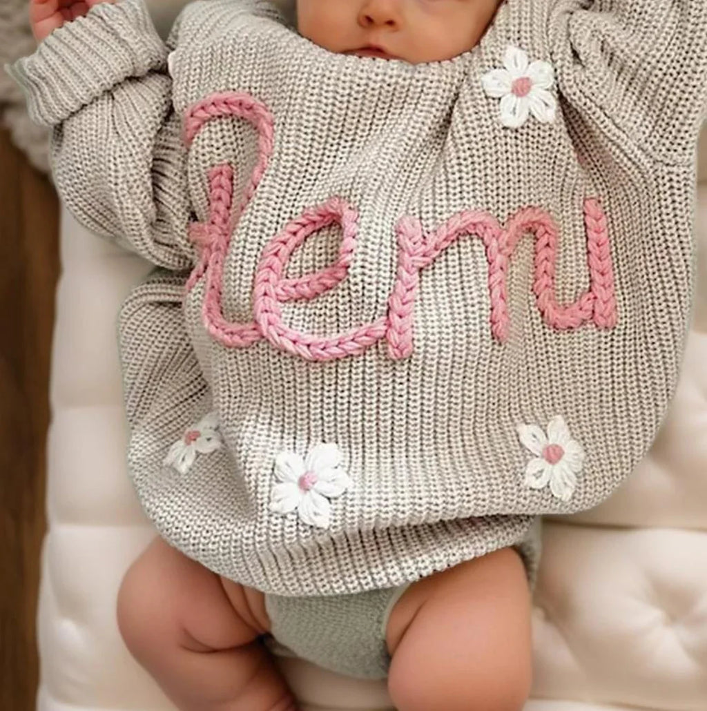 New Custom Name Kids Clothes Girls Boys Personalized Baby Sweaters Handmade Thick Line Embroidery Children's Knitted Sweater
