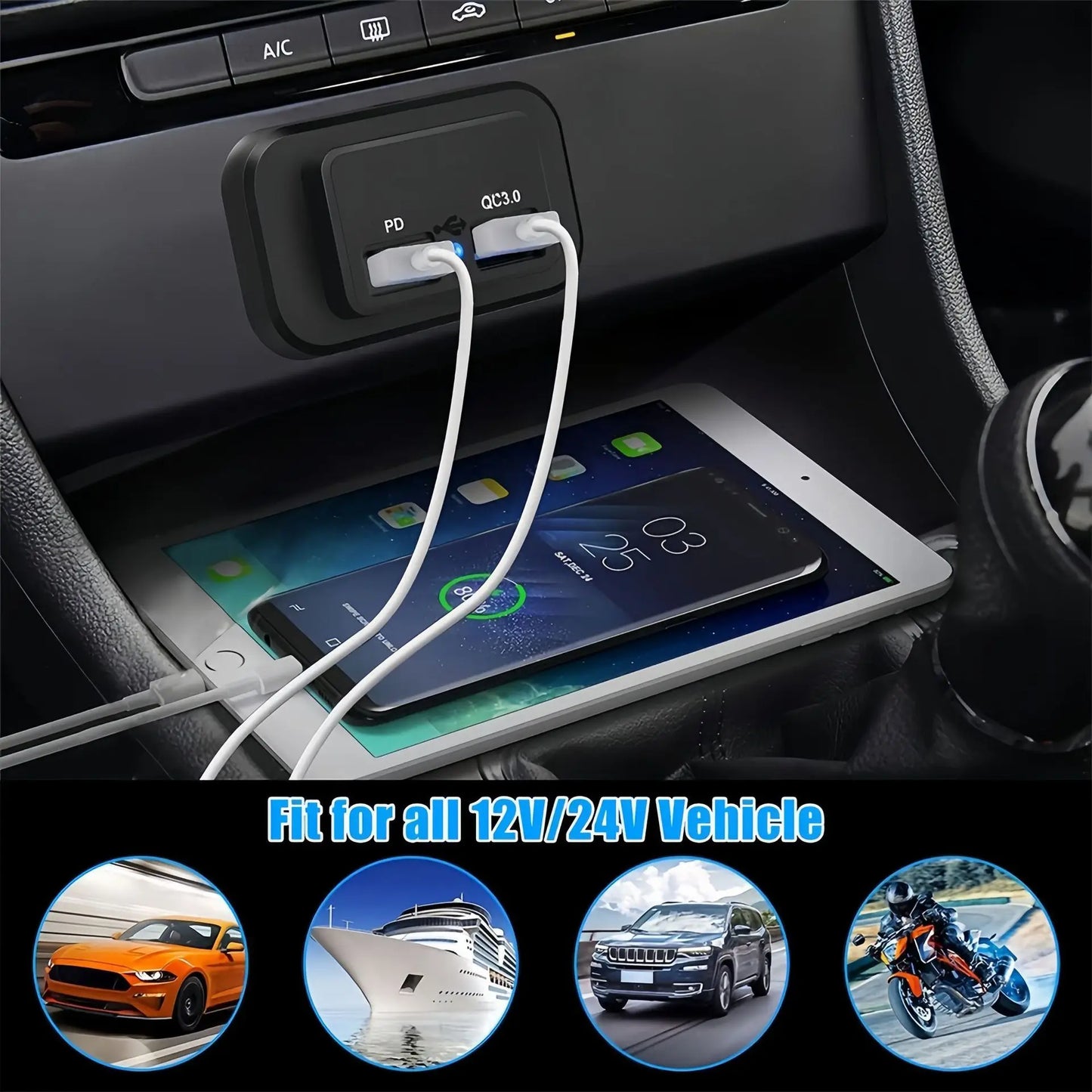 PD QC3.0 96W Dual USB Car Charger Socket 12V/24V Quick Charge Outlet with Switch LED Light for Car Motorcycle Truck RV Bus ATV