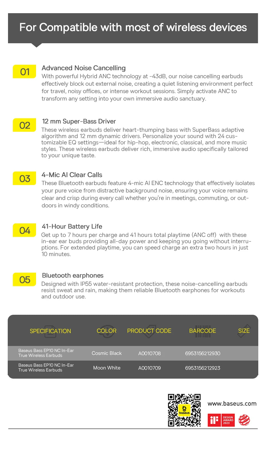 Baseus Bass EP10 NC -43dB Noise Cancelling ANC True Wireless Earbuds Bluetooth 6.0 In-Ear Wireless Earphones 4-Mics ENC Ear buds