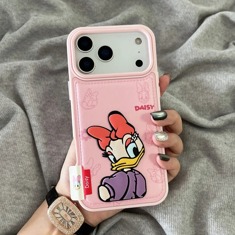 Luxury embossing leather Cute couple cartoon Funny Daisy Donald Duck Phone Case For iPhone 13 14 15 16 17 Pro Max 17Pro Cover﻿﻿