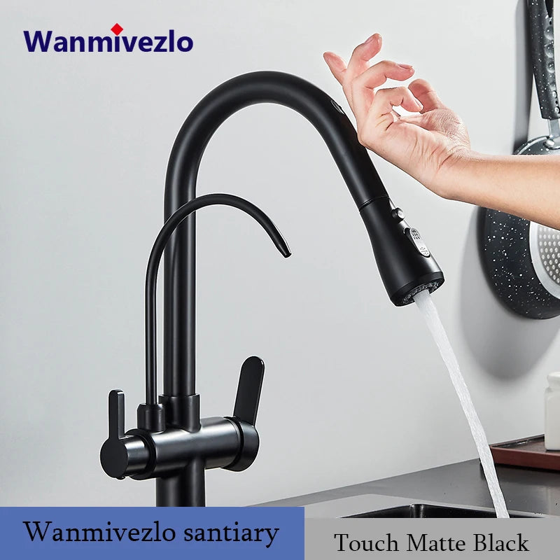 Touch Sensor Filter Kitchen Faucet With Pure Water Pull Out Mixer Tap Rotate Hot Cold Water Crane Mode Deck Mounted Mixer Tap