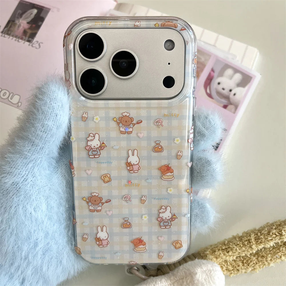 Korean INS fashion plaid Bear Rabbit phone case for iPhone 13 14 15 16 Pro 17 Pro Max cover cute cartoon cartoon shockproof Case