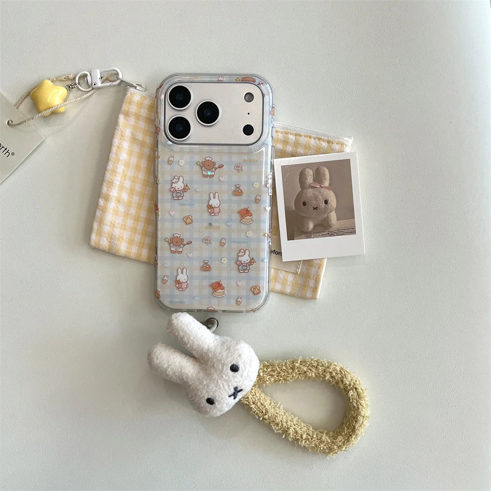 Korean INS fashion plaid Bear Rabbit phone case for iPhone 13 14 15 16 Pro 17 Pro Max cover cute cartoon cartoon shockproof Case