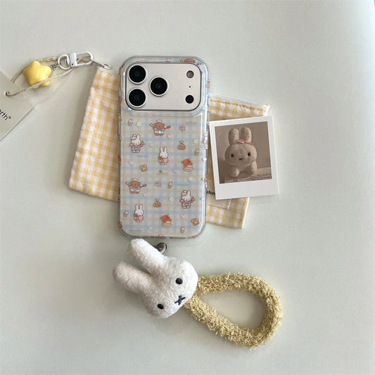Korean INS fashion plaid Bear Rabbit phone case for iPhone 13 14 15 16 Pro 17 Pro Max cover cute cartoon cartoon shockproof Case
