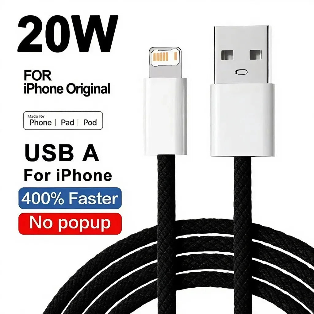 20W Braided Fast Charging USB Cable For iPhone X XR XS 6 6S 7 8 Plus 11 12 Mini 13 14 Pro Max  Rapid Charge Phone Cables 1m 2m