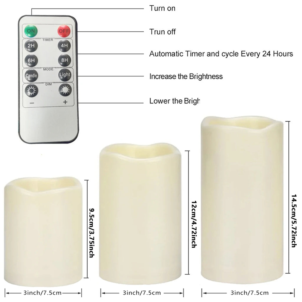 3 Pieces Charge Remote Control LED Decorative Moving Wick Candles,10/12.5/15 cm Rechargeable Dancing Church Candles