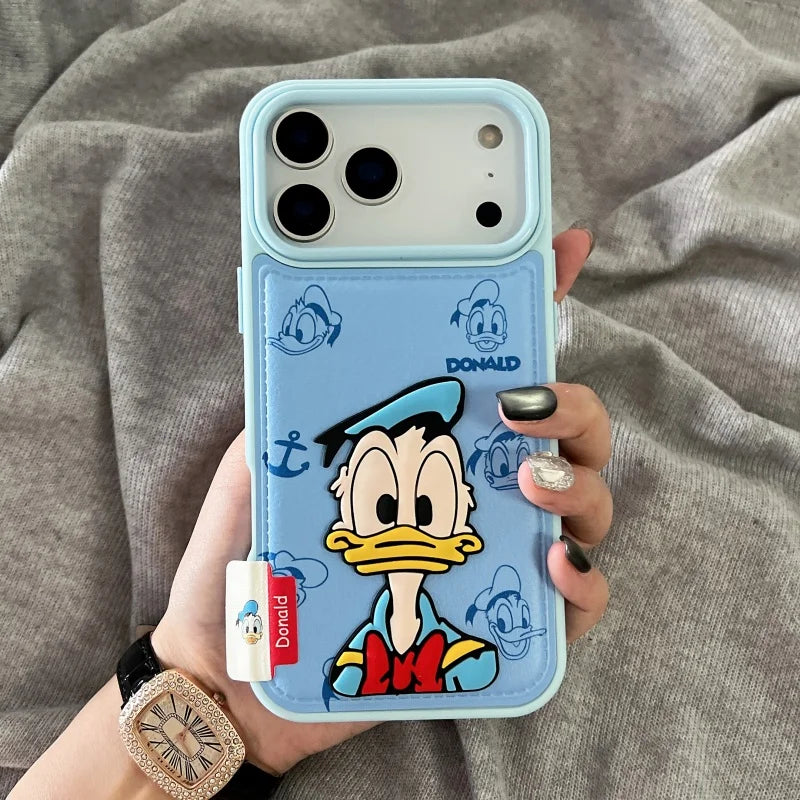 Luxury embossing leather Cute couple cartoon Funny Daisy Donald Duck Phone Case For iPhone 13 14 15 16 17 Pro Max 17Pro Cover﻿﻿