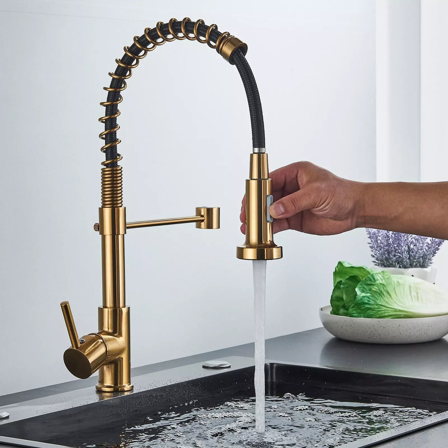 Brushed Gold Kitchen Sink Faucet One Handle Spring Hot and Cold Water Tap Deck Mounted Bathroom Kitchen Crane