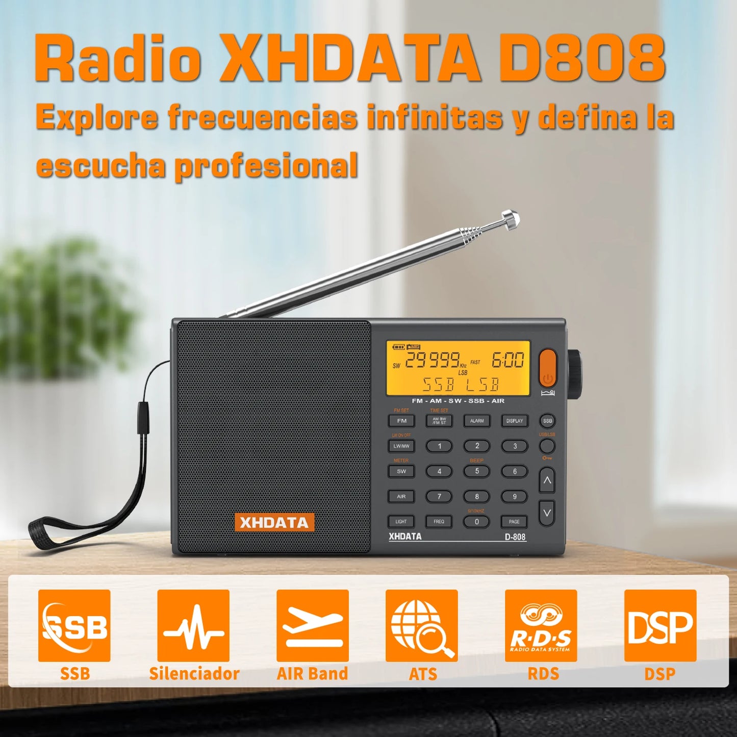 XHDATA D808 Portable Multiband Radio Receiver AM/FM/SW/MW SSB AIR RDS Stereo Sound Long Range Reception Rechargeable Battery