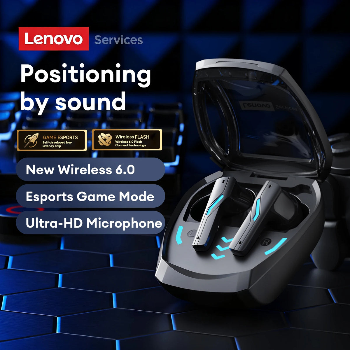 New Lenovo GT100 TWS Bluetooth 6.0 Gaming Headphones Low Latency Long Battery Life In Ear Wireless Earbuds HD Calls Earphones
