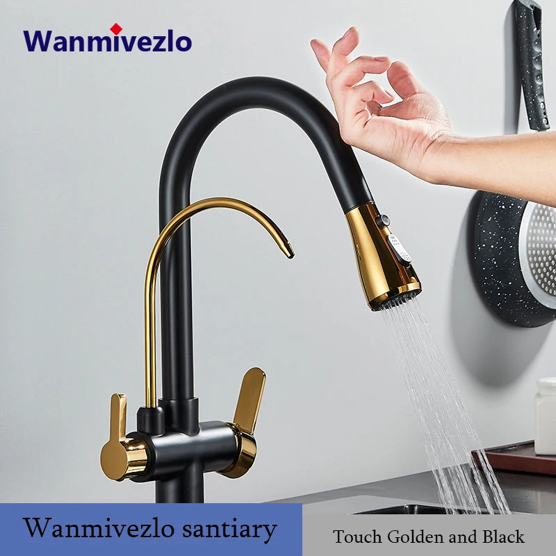 Touch Sensor Filter Kitchen Faucet With Pure Water Pull Out Mixer Tap Rotate Hot Cold Water Crane Mode Deck Mounted Mixer Tap