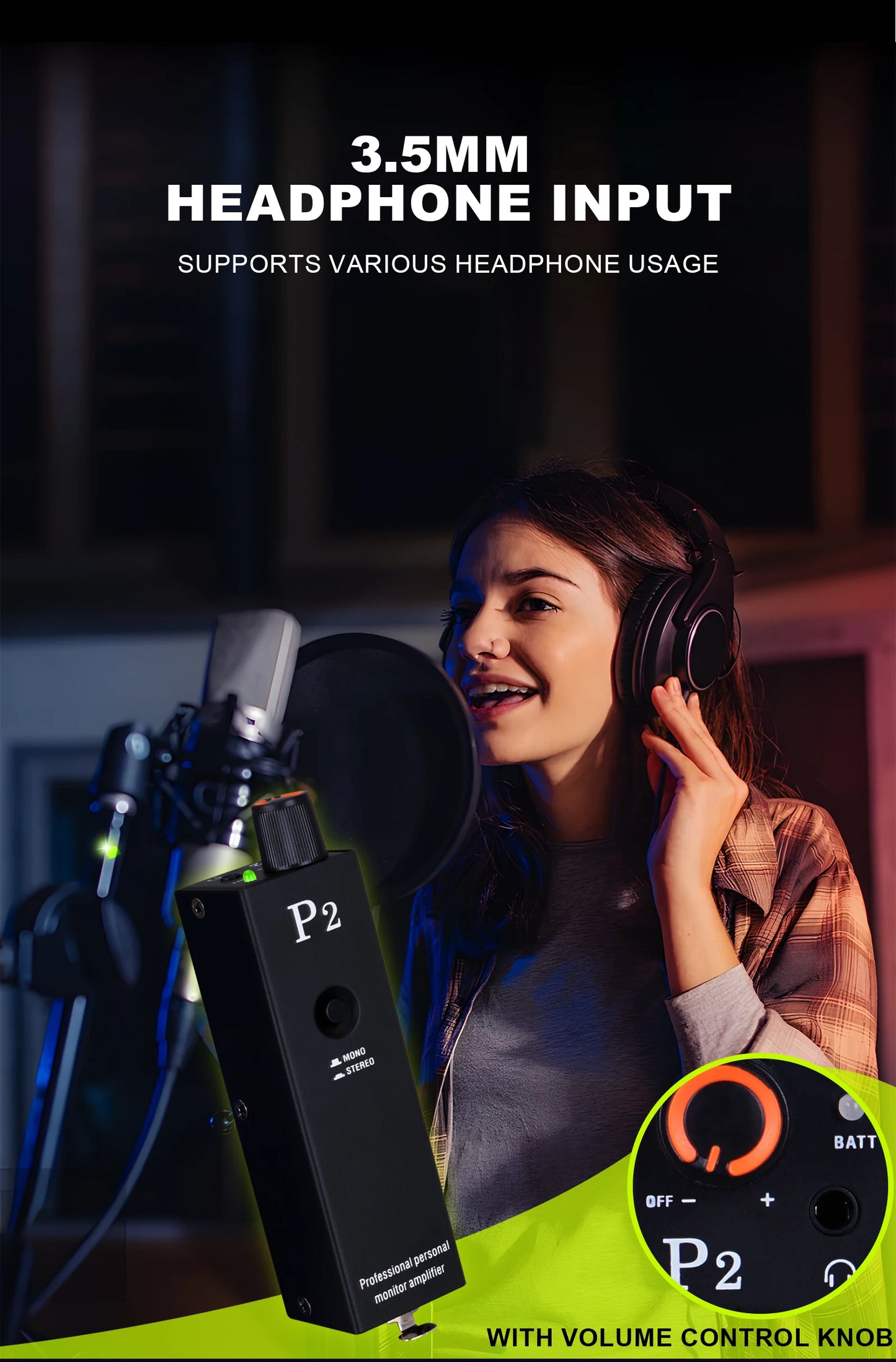 P2 Headphone Amplifier, Ultra Compact In Ear Headphone Monitor, Stereo Monitor/Headphone Power Amplifier/headphone music monitor