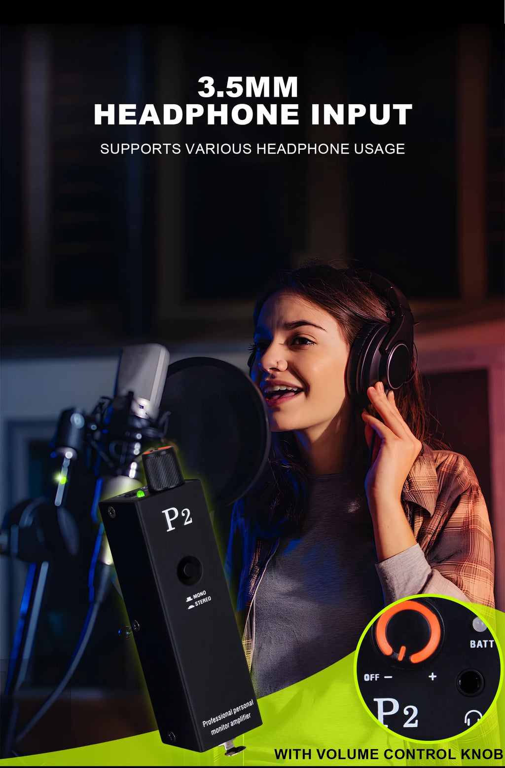 P2 Headphone Amplifier, Ultra Compact In Ear Headphone Monitor, Stereo Monitor/Headphone Power Amplifier/headphone music monitor