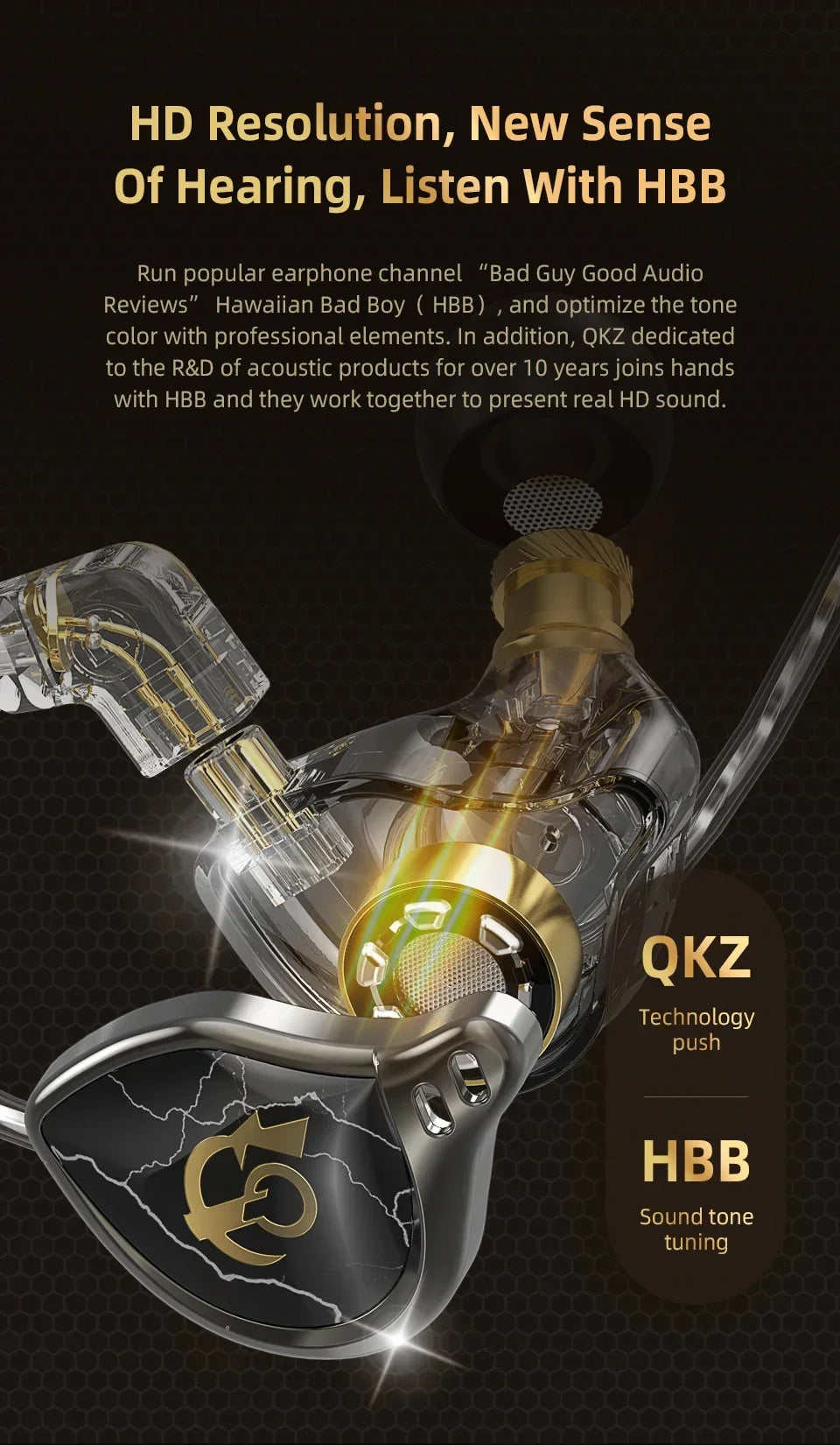 QKZ X HBB Best HiFi in Ear Headphone Wired Earphones 10mm Titanium-Coated Diaphragm Semi-open Cavity CNC Aluminum Alloy Monitor