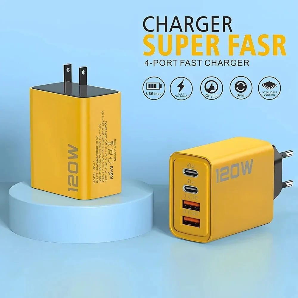 120W Total Fast Charging Quick Charger PD USB Type-C Wall Adapter for iPhone 16/15/14 Xiaomi Huawei Redmi Oneplus -Phone Charger