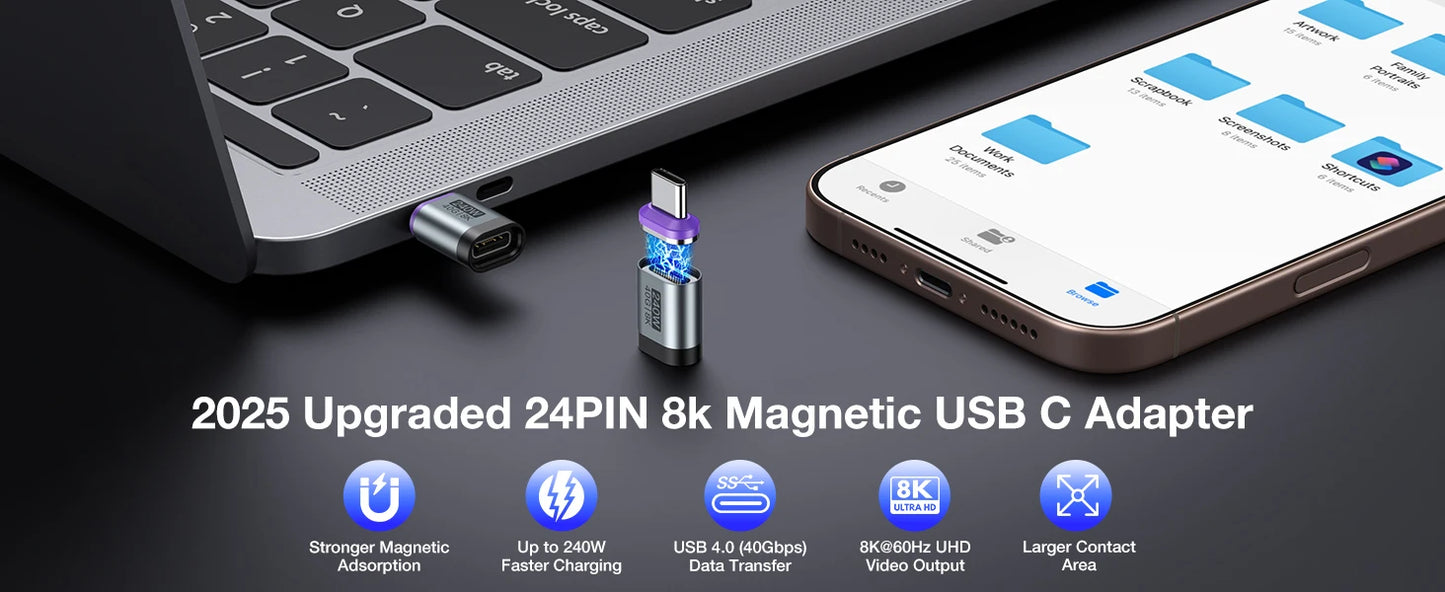 AUFU 5/10/20PCS 240W Magnetic Type C Adapter Fast Charging USB4 Connector 40Gbps 8K60Hz for Thunderbolt 4 3 iPhone 17 16 Macbook