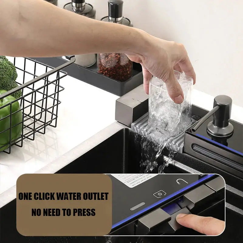 Stainless Steel Waterfall Kitchen Sink Large Single Slot Integrated 75X45cm Faucet Set Soap Dispenser/Pure Water/Cup Washer