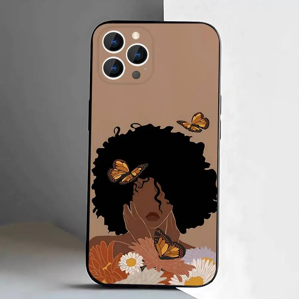 Black Girl A-Afro Phone Case For iPhone 17,16,15,14,13,12,11,Pro,XS,Max,XR,Plus,E,SE4,Mini Black Soft Cover