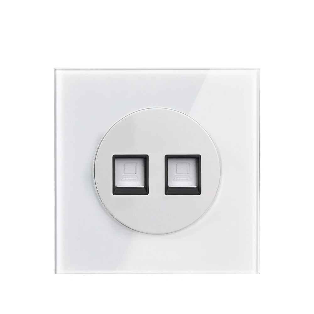 EU Korea Russian Wall Socket White Tempered Glass Frame RJ45 CAT6 TV Outlet Single Double Triple 86x86mm Box Requried Wallpad
