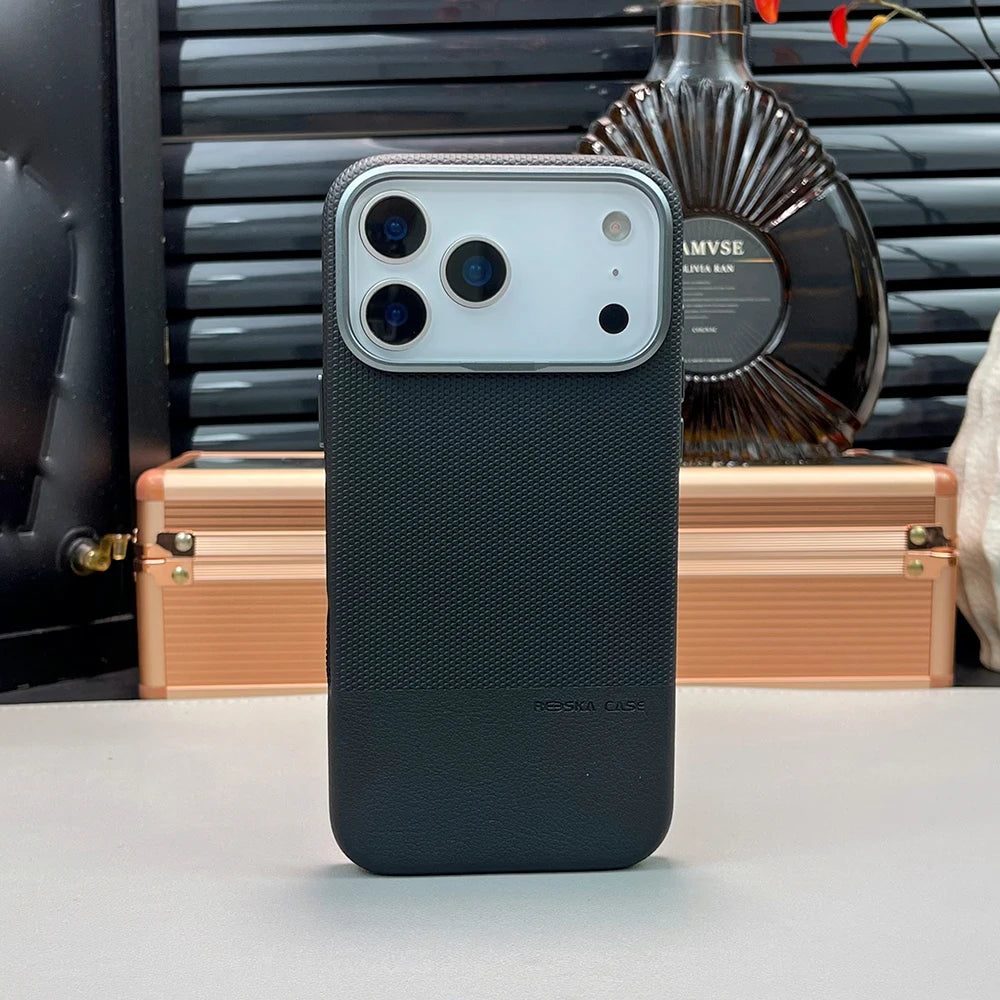 Luxury Business Hit Color Relief Leather Case for IPhone 17 Pro Max 16 15 14 13 for MagSafe Magnetic Shockproof Alloy Lens Cover