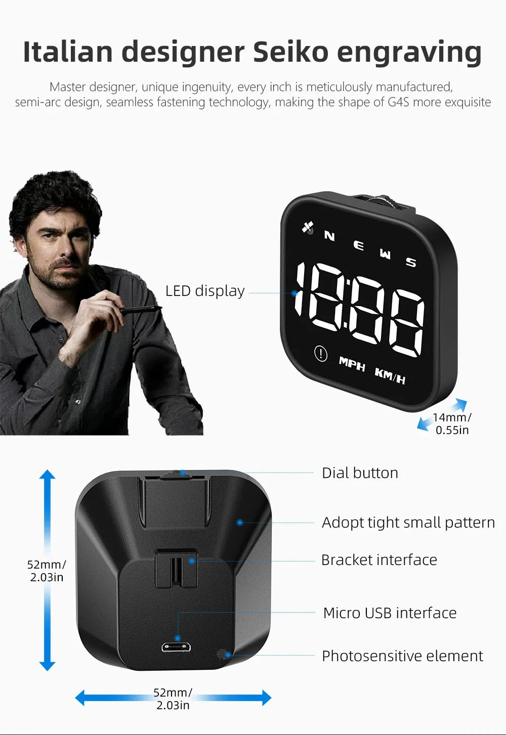 GPS Smart Car Head Up Display G4S HUD Digital Speedometer MPH KMH With Overspeed Alarm Car Time Display White LED Gauge Meter