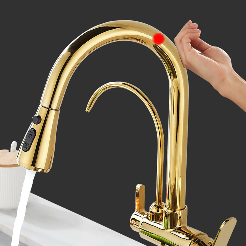 Touch Sensor Filter Kitchen Faucet With Pure Water Pull Out Mixer Tap Rotate Hot Cold Water Crane Mode Deck Mounted Mixer Tap