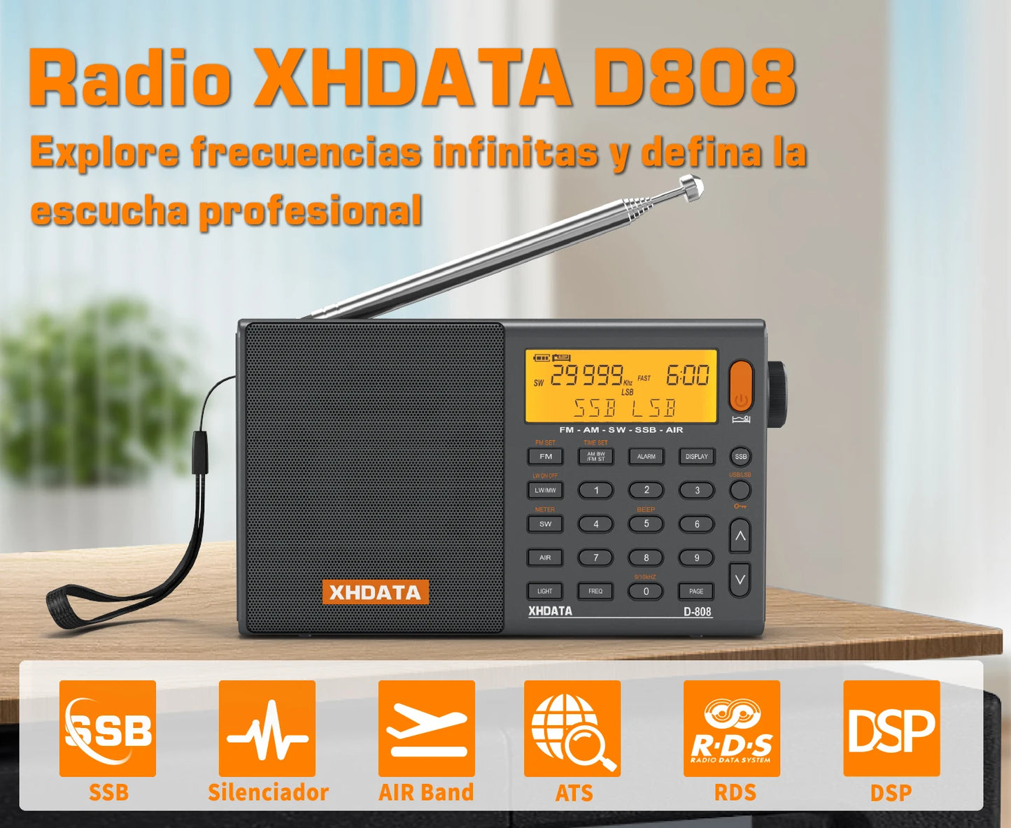 XHDATA D808 Portable Multiband Radio Receiver AM/FM/SW/MW SSB AIR RDS Stereo Sound Long Range Reception Rechargeable Battery