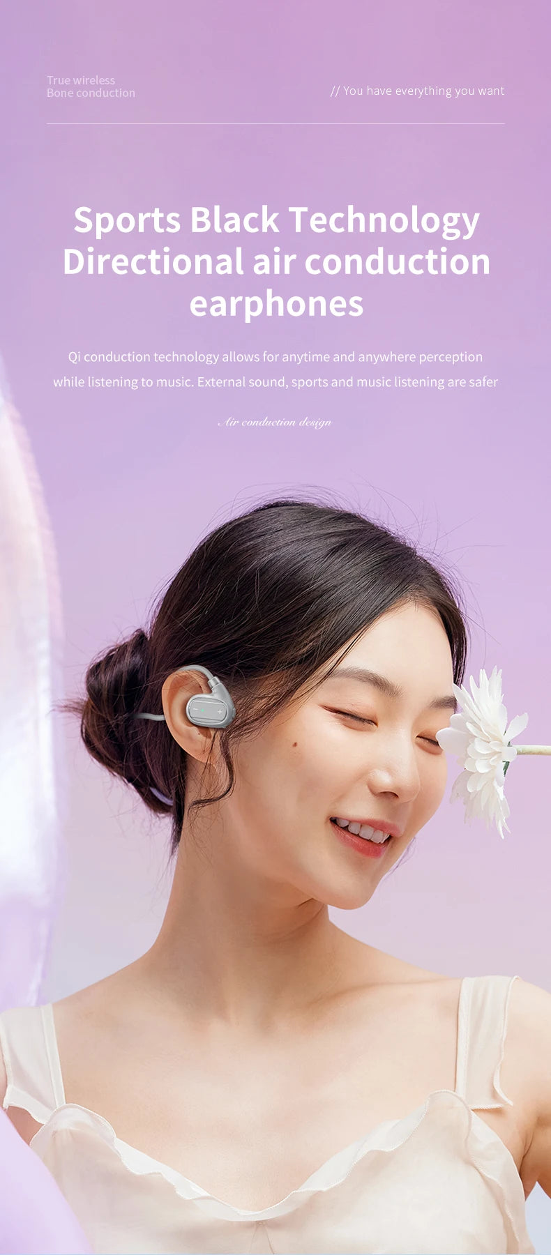 Ear-mounted sports wireless earphones, air conduction headset, BT 5.3, ultra-long battery life, suitable for running and cycling