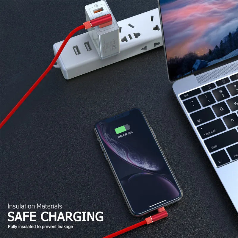 90 Degree USB Cable For iPhone 14 13 12 11 Pro Max X XR 6s 7 8 Plus 2m 3m Lead Mobile Phone Fast Charging Cord Data Charger Wire