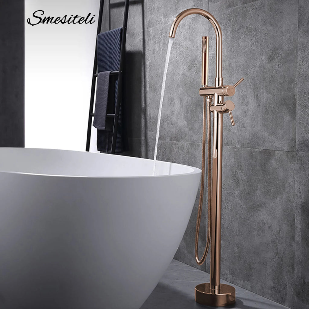 Freestanding Bathtub Faucet Bathroom Tub Shower Diverter Floor Mounted Mixer Tap Brass Rose Gold for Bath Spout With Handshower