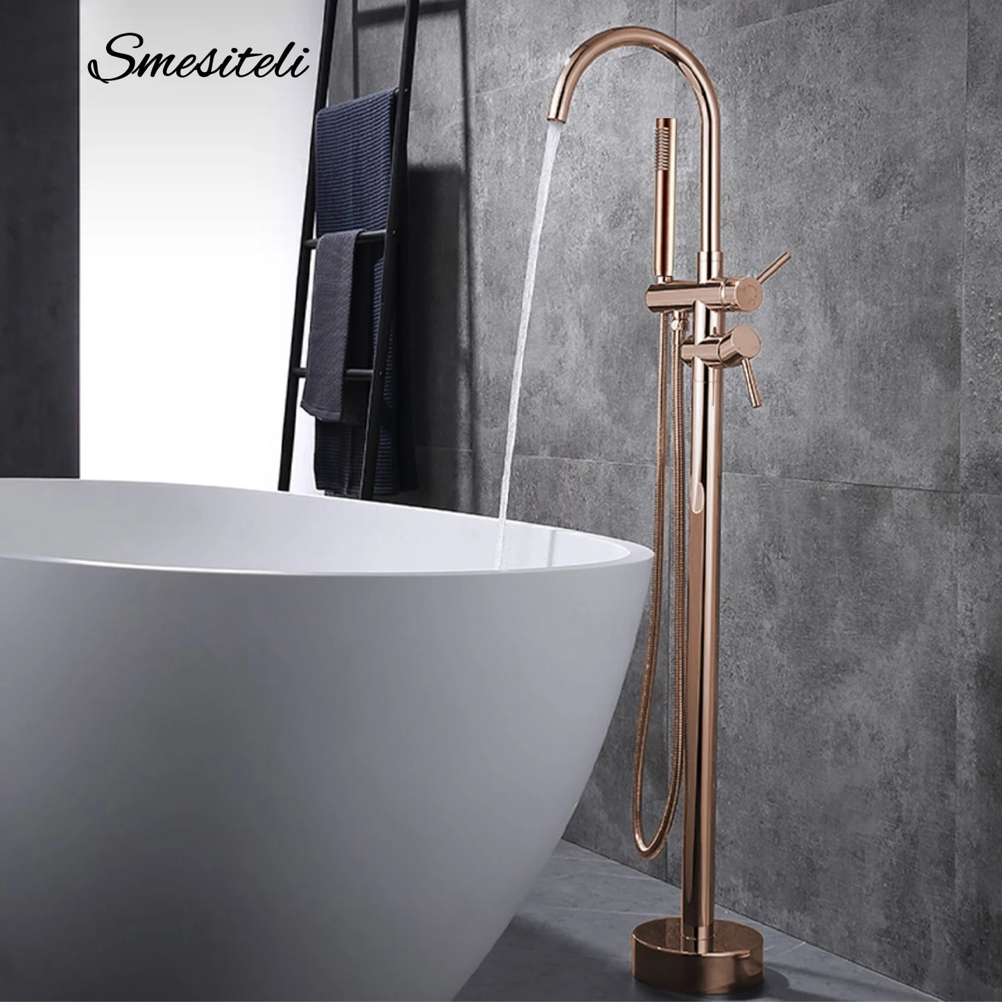 Freestanding Bathtub Faucet Bathroom Tub Shower Diverter Floor Mounted Mixer Tap Brass Rose Gold for Bath Spout With Handshower