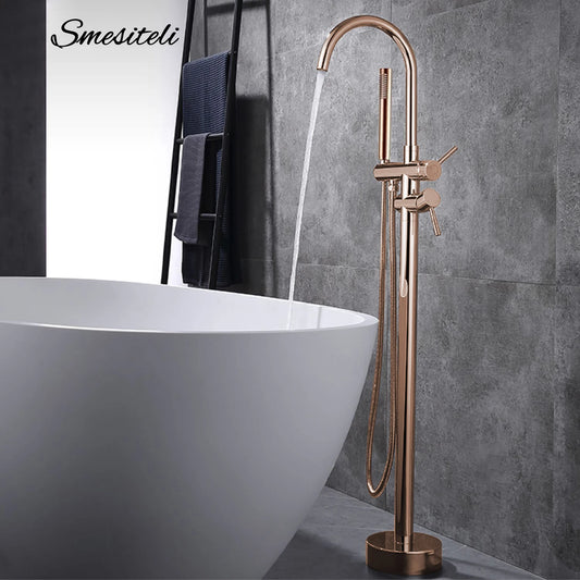 Freestanding Bathtub Faucet Bathroom Tub Shower Diverter Floor Mounted Mixer Tap Brass Rose Gold for Bath Spout With Handshower
