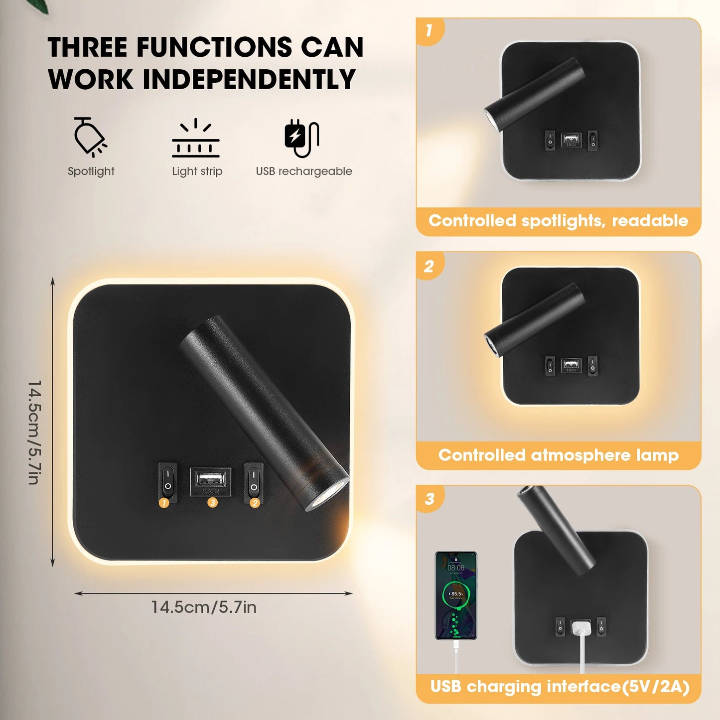 Bedside Wall Lamp LED with USB Charging Port For Kitchen Table Office Living Room Wall Mounted Reading Light Home Spotlights Led