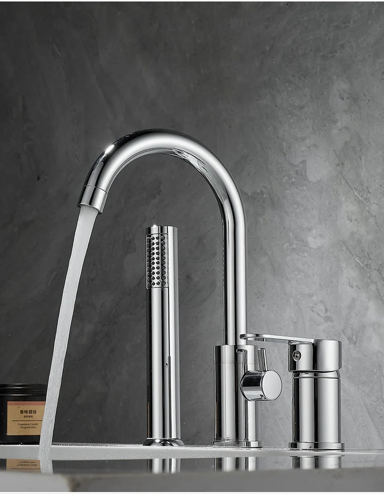 Bathroom Bathtub Shower Faucet with Swivel Tub Spout and Handhold Shower Brass Wall Mounted Hot Cold Water Mixer Bath Tap
