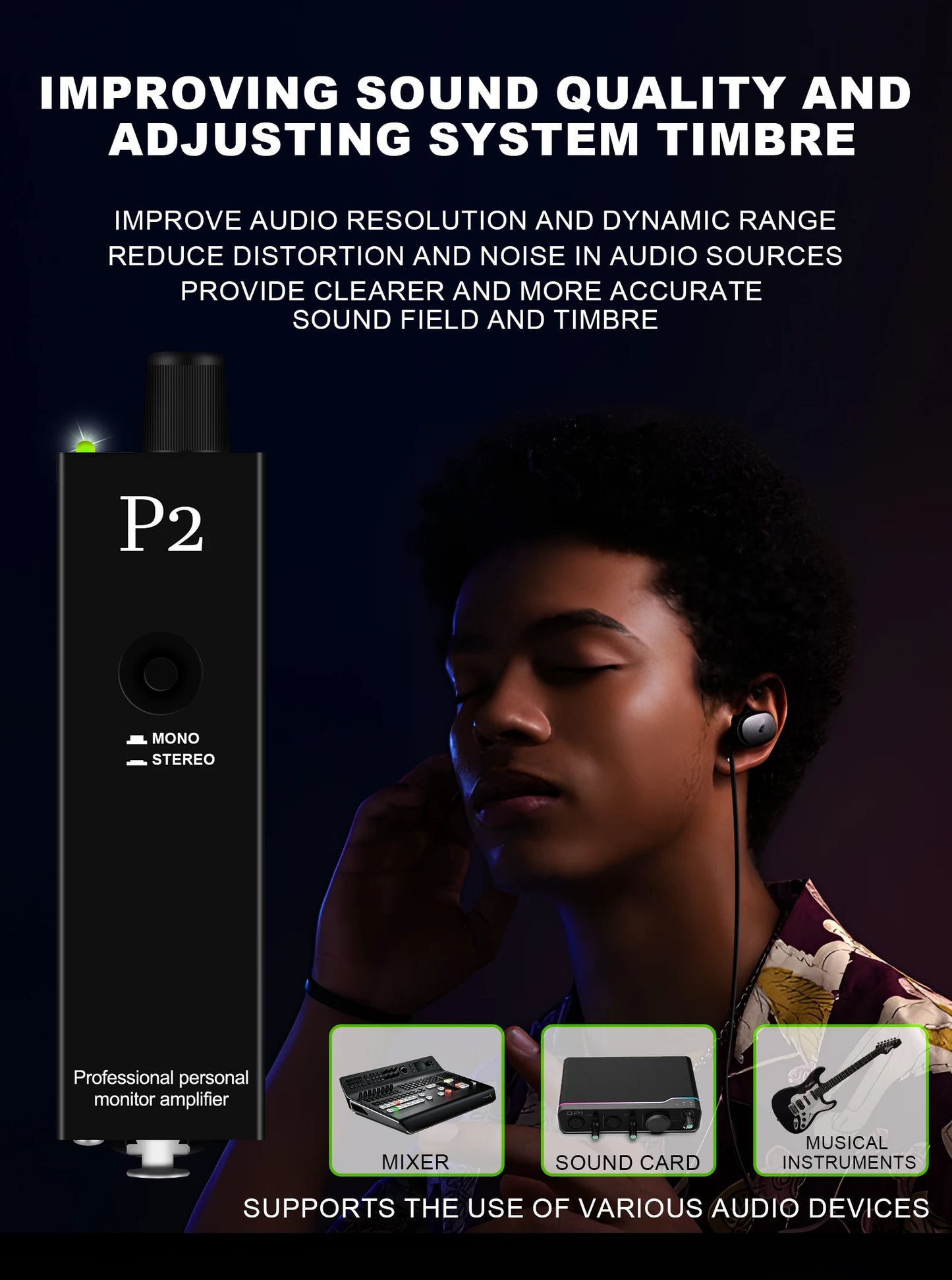 P2 Headphone Amplifier, Ultra Compact In Ear Headphone Monitor, Stereo Monitor/Headphone Power Amplifier/headphone music monitor