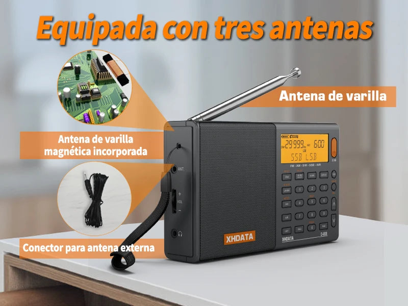 XHDATA D808 Portable Multiband Radio Receiver AM/FM/SW/MW SSB AIR RDS Stereo Sound Long Range Reception Rechargeable Battery