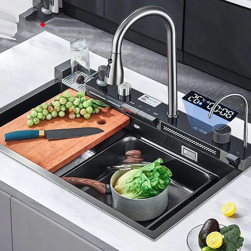 Stainless Steel Waterfall Kitchen Sink Large Single Slot Integrated 75X45cm Faucet Set Soap Dispenser/Pure Water/Cup Washer