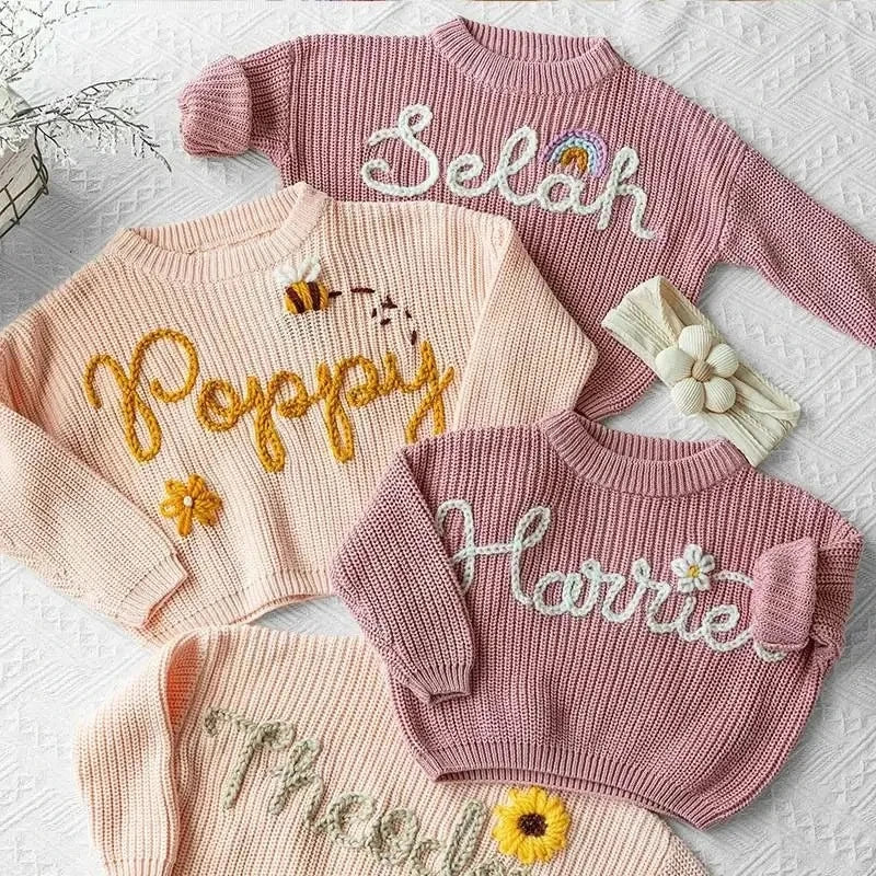 New Custom Name Kids Clothes Girls Boys Personalized Baby Sweaters Handmade Thick Line Embroidery Children's Knitted Sweater