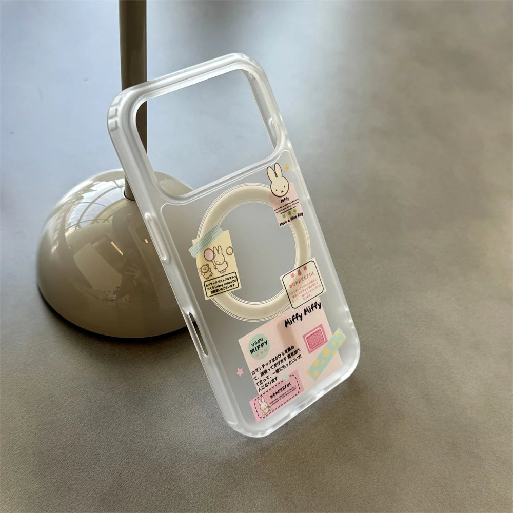 Korean Ins Cute Cartoon Rabbit with Magsafe Card Holde Magnetic Stand Phone Case For iPhone 17 16 Pro 15 17  Pro Max 14 13 Cover