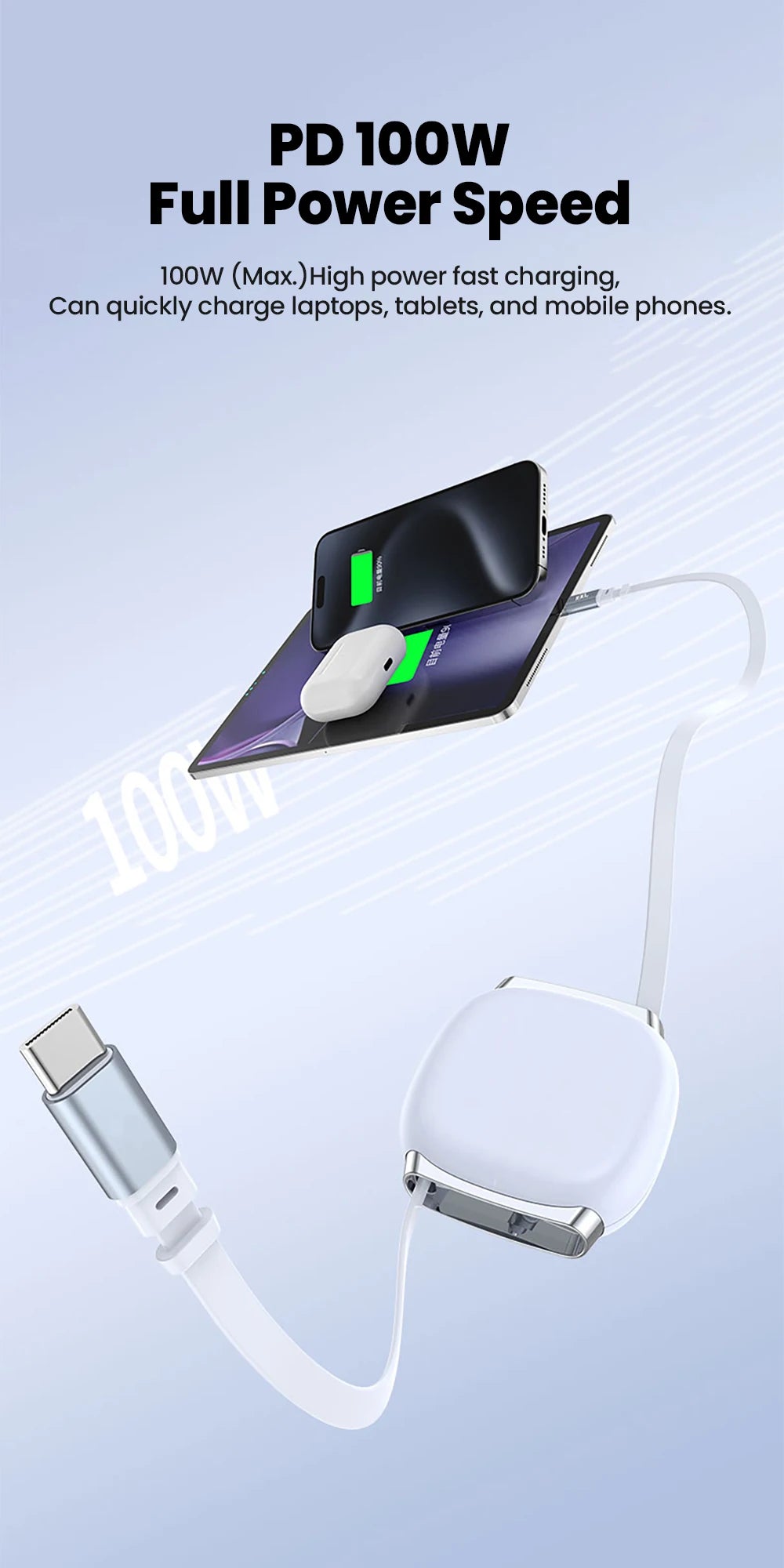 USB C to USB C Cable 100W for iPhone 16 15 Plus Pro Max Retractable Cable For MacBook iPad Fast Charger Cable Charger Data Wire