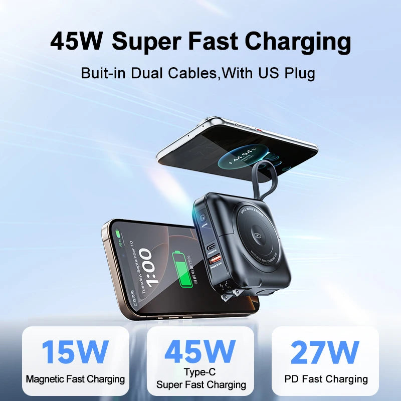 8-in-1 Magnetic Wireless Power Bank 15000mAh Type-C 45W Fast Charging With Dual Cables AC Plug for iPhone Android Airpods Watch