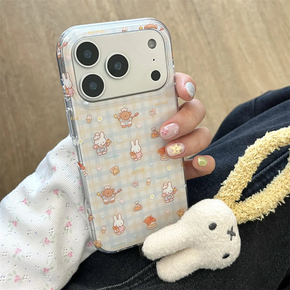 Korean INS fashion plaid Bear Rabbit phone case for iPhone 13 14 15 16 Pro 17 Pro Max cover cute cartoon cartoon shockproof Case