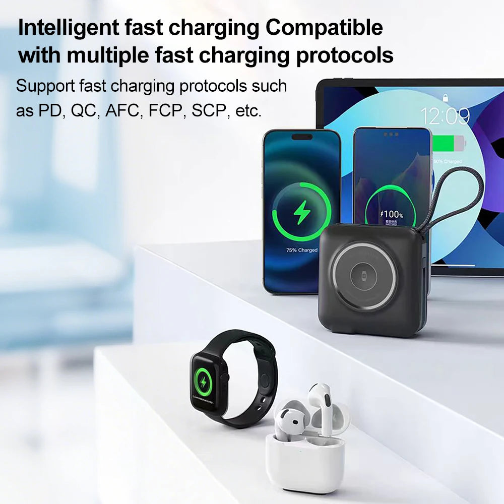 8-in-1 Magnetic Wireless Power Bank 15000mAh Type-C 45W Fast Charging With Dual Cables AC Plug for iPhone Android Airpods Watch
