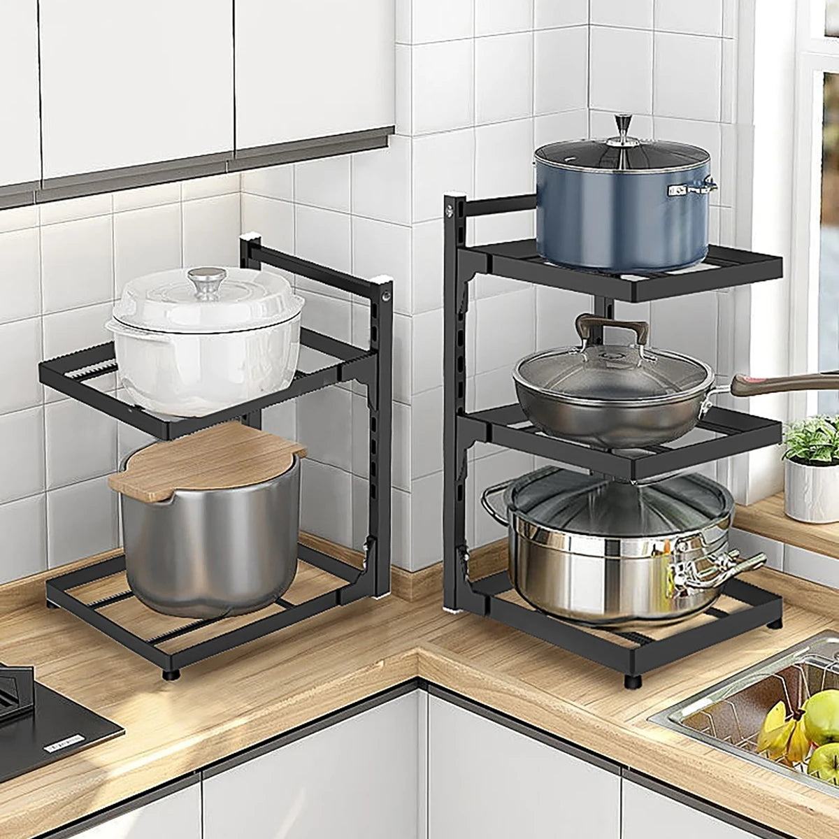 Kitchen Shelf Space-saving Kitchenware Storage Rack Adjustable Pot Rack 2-4 Tiers Under Sink/Corner Applicable