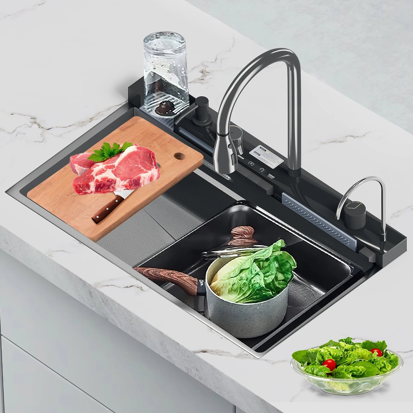 Stainless Steel Waterfall Kitchen Sink Large Single Slot Integrated 75X45cm Faucet Set Soap Dispenser/Pure Water/Cup Washer