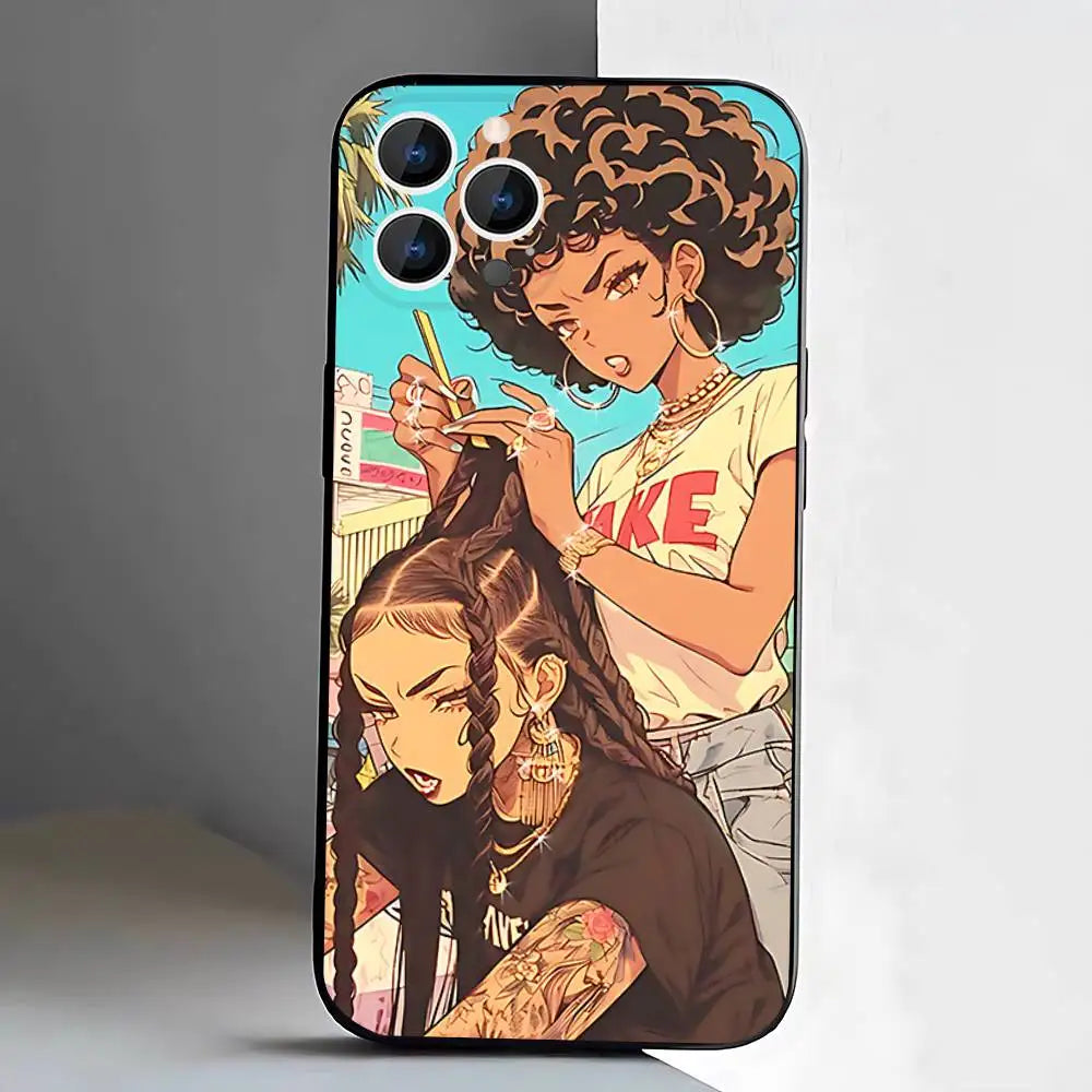 Black Girl A-Afro Phone Case For iPhone 17,16,15,14,13,12,11,Pro,XS,Max,XR,Plus,E,SE4,Mini Black Soft Cover
