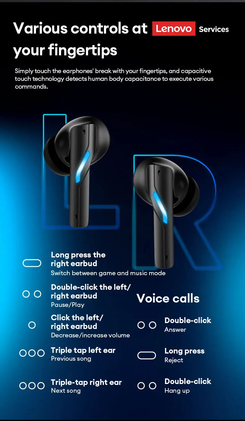 New Lenovo GT100 TWS Bluetooth 6.0 Gaming Headphones Low Latency Long Battery Life In Ear Wireless Earbuds HD Calls Earphones