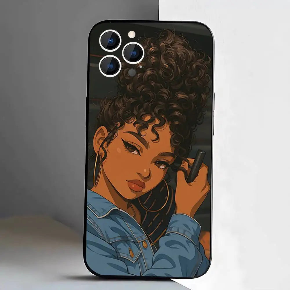 Black Girl A-Afro Phone Case For iPhone 17,16,15,14,13,12,11,Pro,XS,Max,XR,Plus,E,SE4,Mini Black Soft Cover